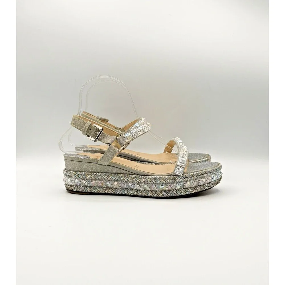 Christian Louboutin Cataclou 60 Silver Glitter Platform Sandals Wedges Sz EU 37